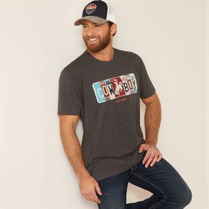 MENS LICENCE PLATE COWBOY CHARCOAL ARIAT T SHIRT